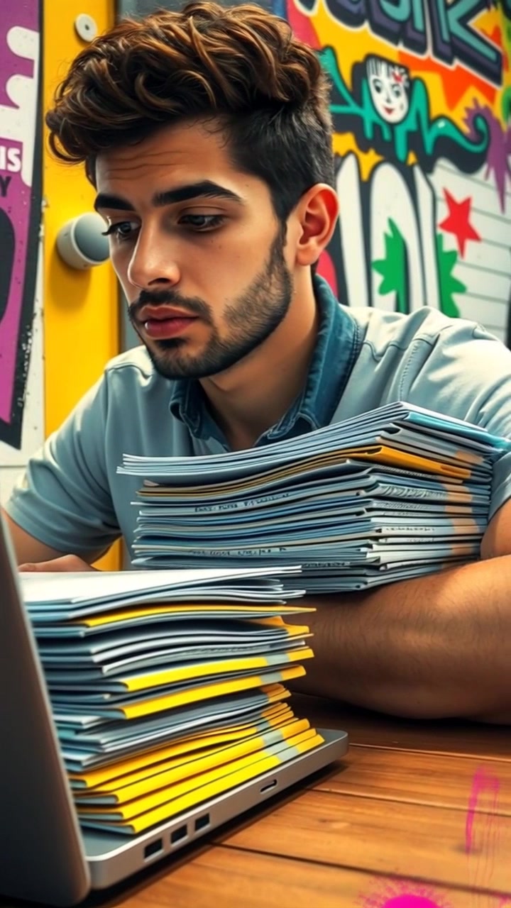 Scene: A close-up of printed study materials stacked neatly on a table next to a laptop, with the faint outlines of a cozy study environment in the background. Style: Soft, natural lighting highlighting the textures of the paper and the sleek surface of the laptop. Motion: The camera gently pushes in to capture the details of the study materials, with a slow pan that reveals the organized chaos of a student's workspace.