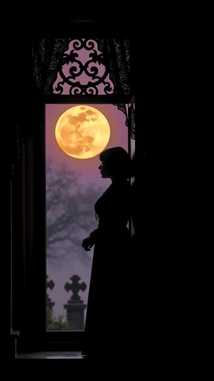 Silhouette of a woman standing by a window in a dark room at night. Slowly pan around her figure, revealing the details in the shadows. Atmospheric lighting creates a mysterious and eerie mood.