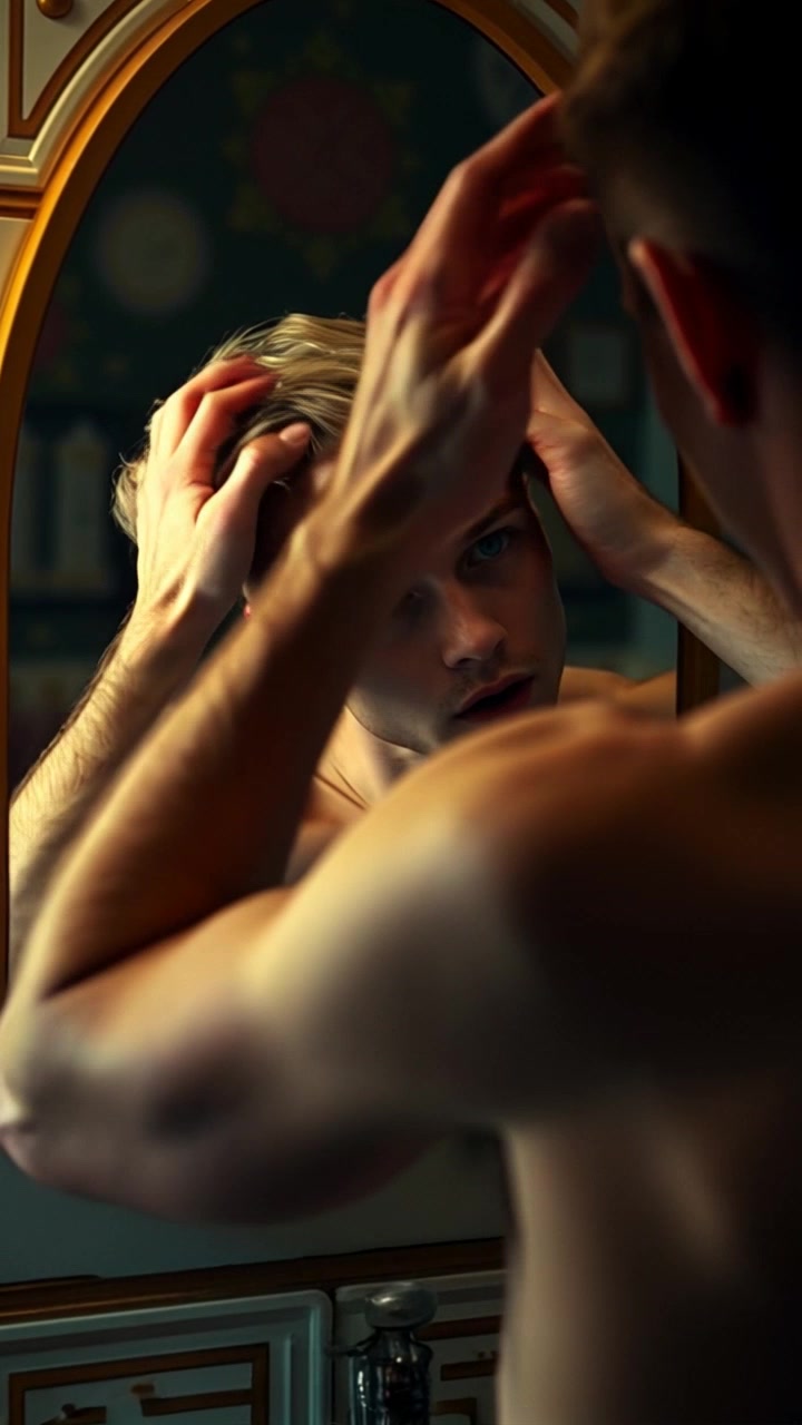 Subject: A young man examining his hair in surprise. Subject movement: He raises his hands to adjust his hair while leaning closer to the mirror, shifting his gaze side to side. Scene: A well-lit bathroom with modern fixtures, reflecting an inviting atmosphere. Style: Warm, ambient lighting creating a soft glow. Motion: The camera gently pushes in for a close-up on his facial expressions, capturing the subtle changes in his demeanor as he scrutinizes his appearance.
