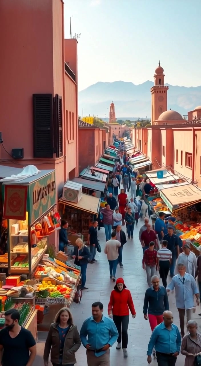 Vibrant market scenes unfold as people stroll between colorful stalls, exchanging lively conversations amidst the hustle and bustle.