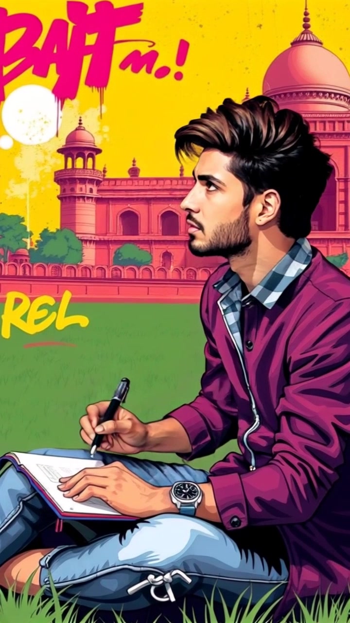 Subject: A young man sketching intently in a notebook. Subject movement: He shifts his gaze from the page to the surrounding architecture of the Red Fort, a look of inspiration sparking in his eyes. Scene: The picturesque grass area inside the Red Fort, surrounded by historical red sandstone walls and vibrant greenery. Style: Warm, afternoon light bathing the scene in a golden hue, enhancing the fort's rich textures. Motion: Camera slowly pushes in to capture the young man's focused expression and the intricate details of his sketching process, then transitions to a wide shot of the historic surroundings.