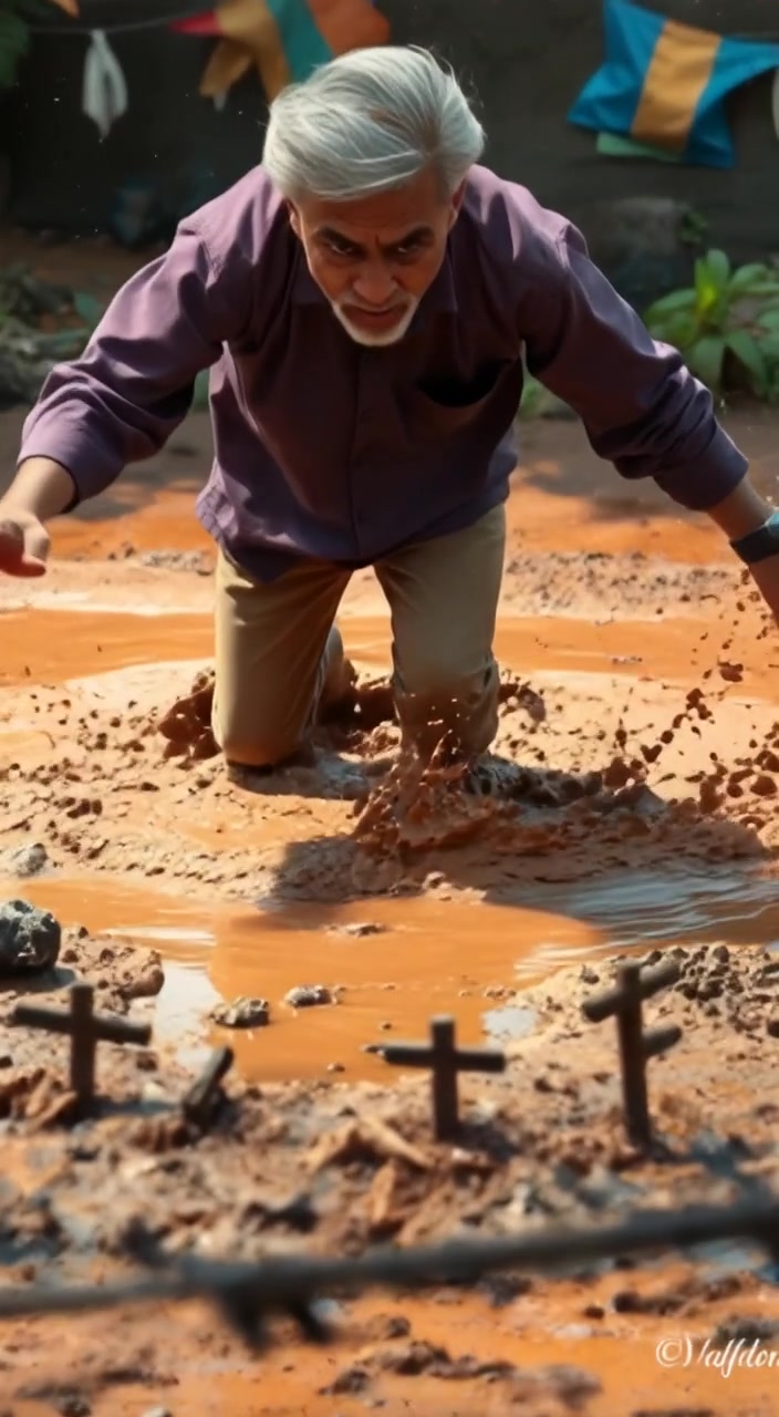 A boy jumps into a muddy puddle, water splashing gently around him as he laughs with joy.