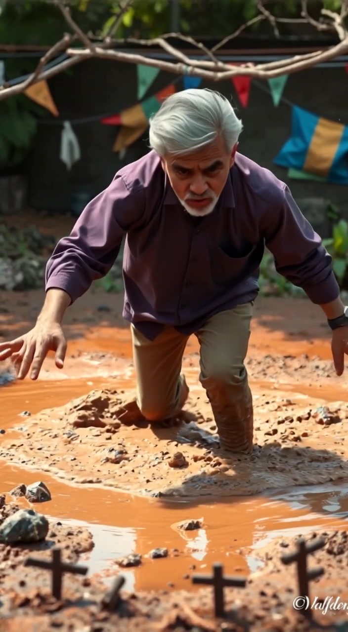 The boy jumps into a muddy puddle, splashing mud around him in the bright sunlight.