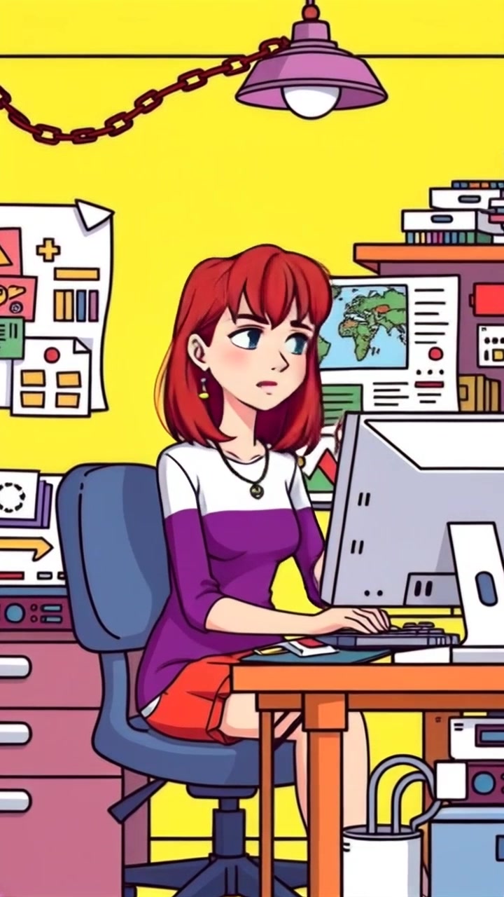 Subject: A woman with red hair sitting at a desk, surrounded by scattered design materials. Subject movement: She leans back in her chair, looking puzzled at her computer screen, her fingers hovering above the keyboard. Scene: A creative workspace filled with sketches and color swatches, dim ambient light creating a cozy atmosphere. Motion: The camera slowly pushes in for a close-up of her thoughtful expression, capturing the details of her workspace.