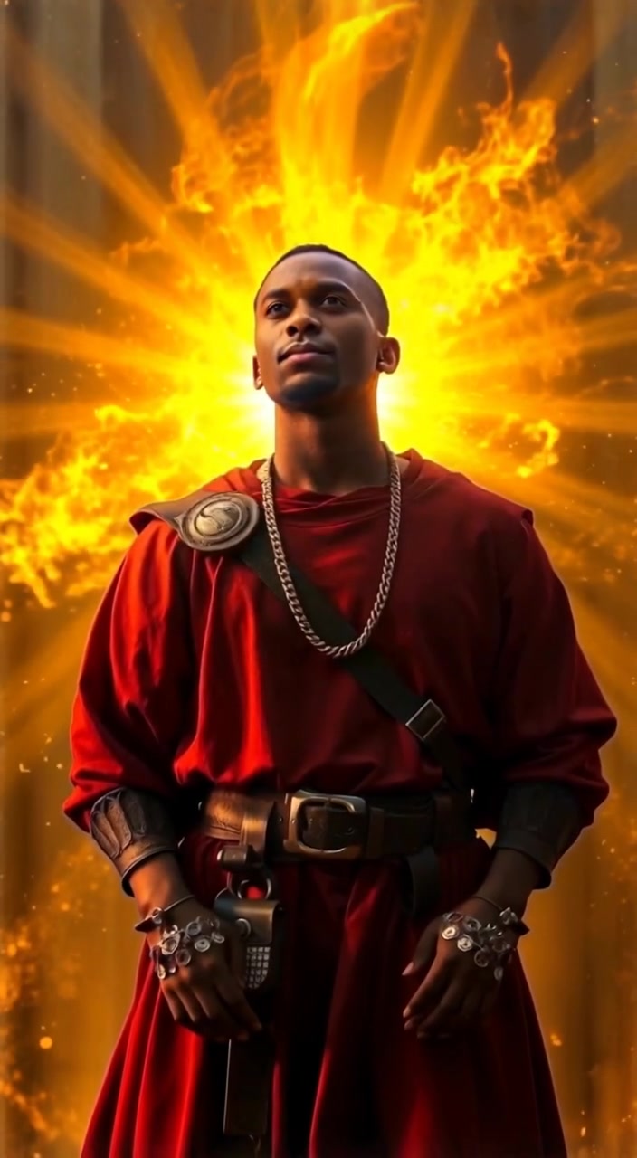 The man stands peacefully, a golden glow enveloping him as soft light shifts around his serene figure.