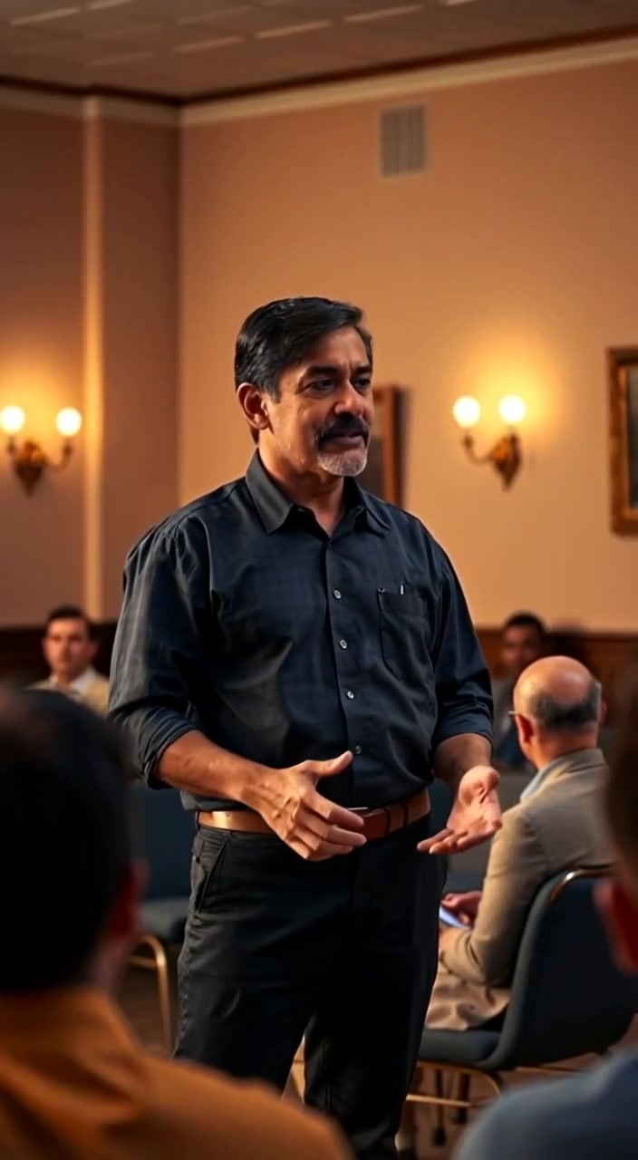 The speaker gestures animatedly while articulating ideas, with the audience attentively listening in the bright room.