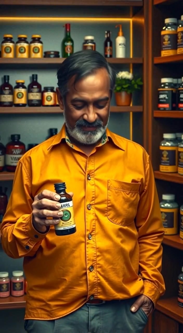 The man gently examines a herbal product bottle, sunlight streaming through large office windows, casting soft shadows.