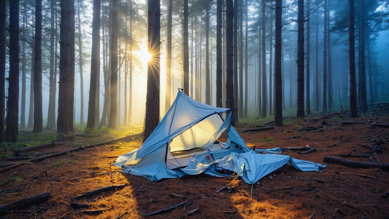 Torn Tent in the Morning Pine Forest
