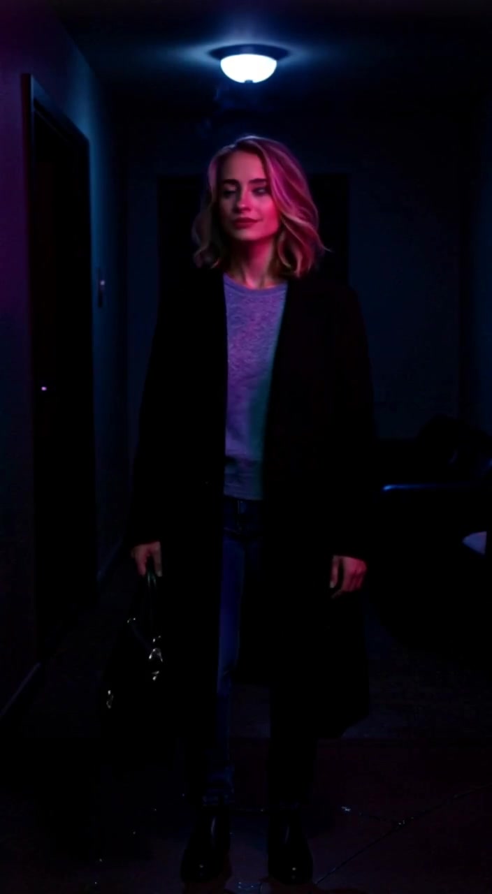 The woman gently closes the door behind her, allowing dim light to fill the small apartment.