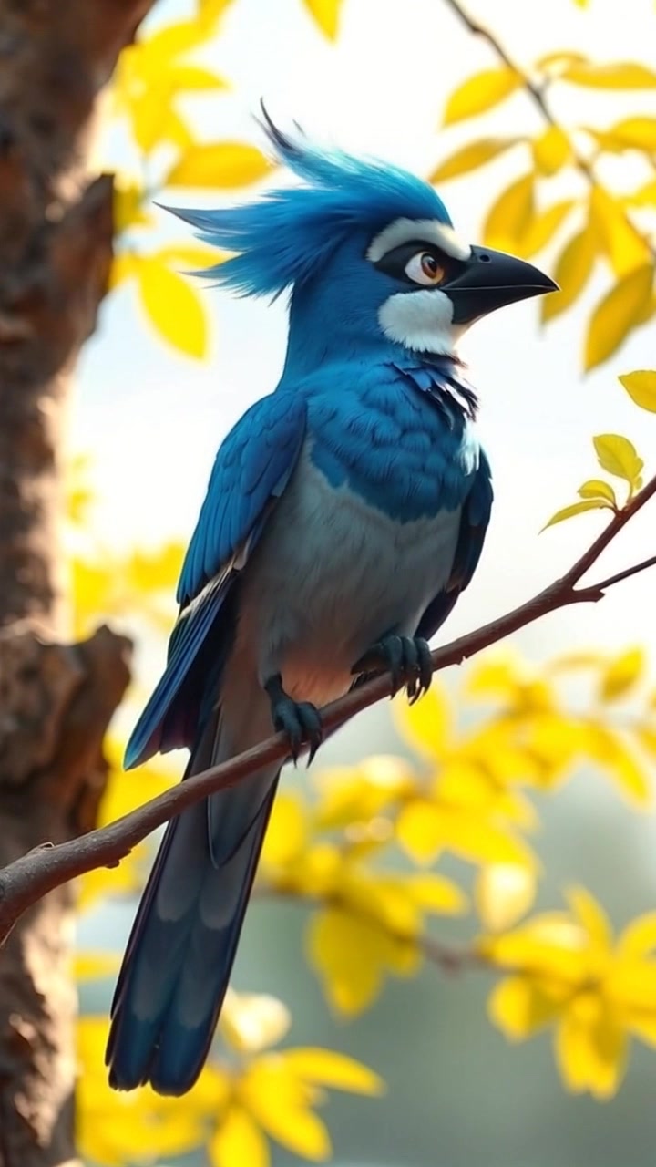 Kabootar perched on a branch of a tree, its bright blue crest and feathers visible in the sunlight.
