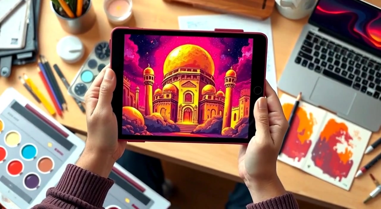 The person gently swipes the tablet, bringing the vibrant digital masterpiece to life, surrounded by art supplies.