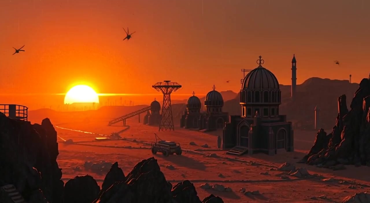 The sun slowly rises over the Martian horizon, illuminating the habitat domes and casting shadows on the rocky landscape.