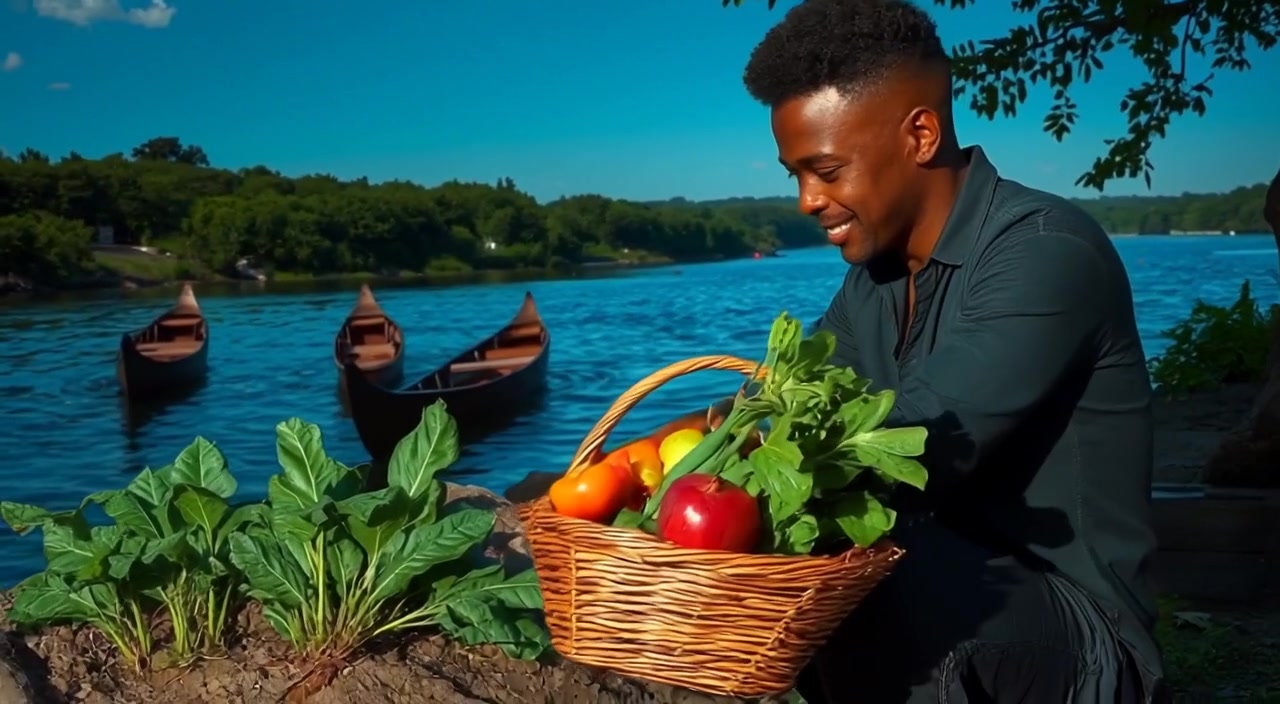 Guerreiro gathering vegetables from a small rustic garden under a clear blue sky.