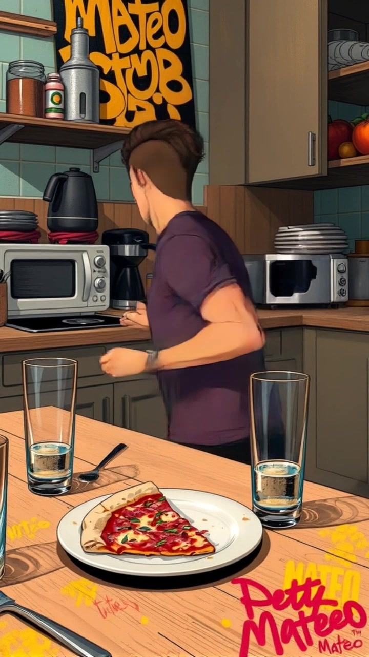 Subject: A person quickly moving around the kitchen. Subject movement: The person is briskly moving, putting together breakfast while occasionally glancing at the pizza slice on the table. Scene: A modern kitchen setting featuring a table with a slice of cold pizza and an empty glass, accented by soft morning light filtering through the window. Motion: The camera performs a dynamic handheld tracking shot, following the person as they efficiently navigate the space, grabbing ingredients and utensils, while the ambiance conveys a warm, inviting atmosphere.