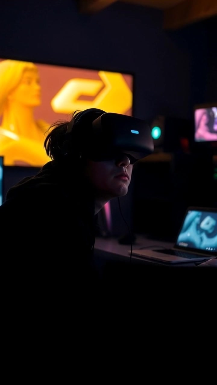A young male gamer, wearing a VR headset, sits in a darkened room filled with gaming equipment.