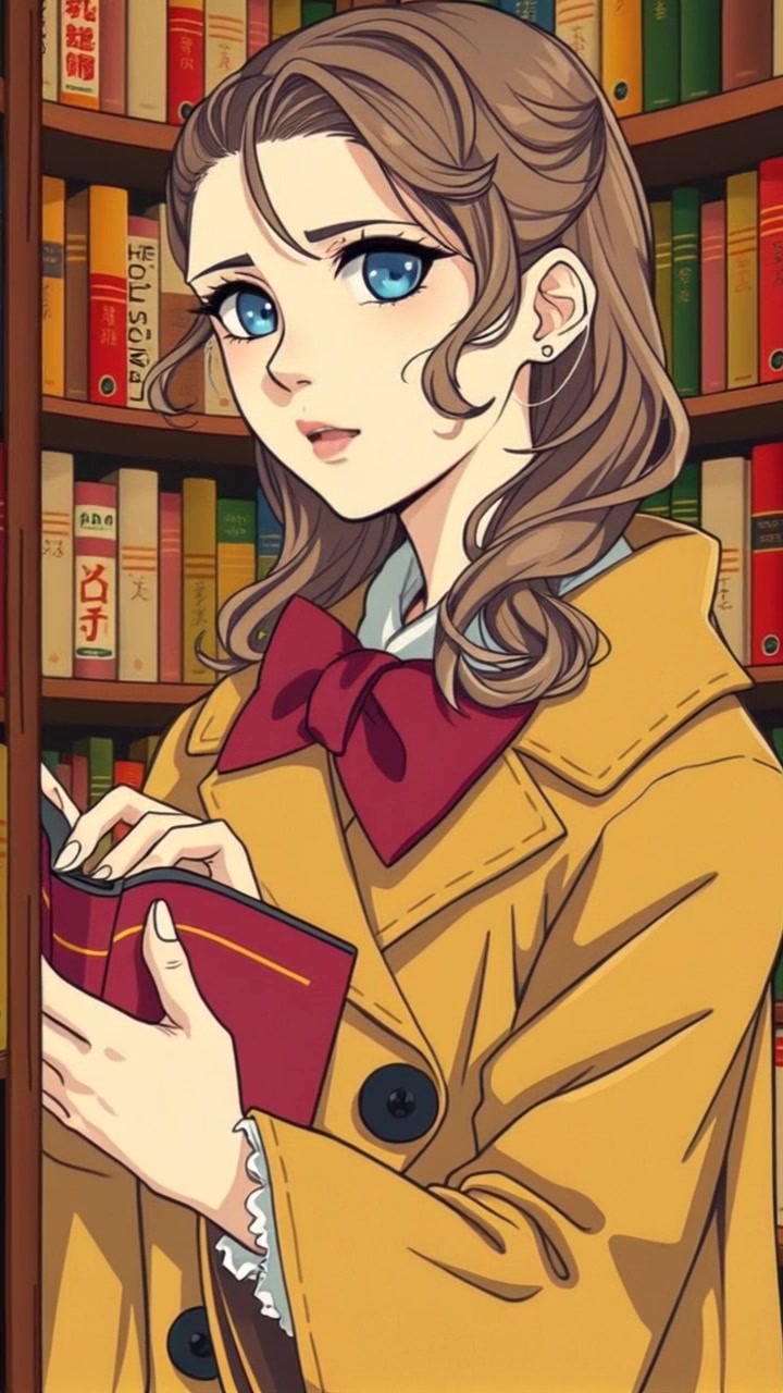 Hannah reads a book in a cozy corner of a library surrounded by towering shelves of books, wearing a warm coat and scarf. Slowly zoom in on her serene expression while she turns the pages, with soft ambient lighting creating a warm and inviting atmosphere.