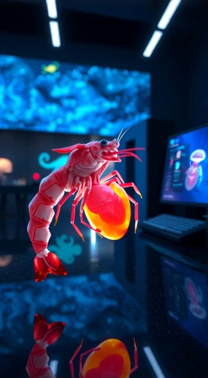 A shrimp gently sways in water, its heart visibly pulsing within the thorax, surrounded by drifting particles.