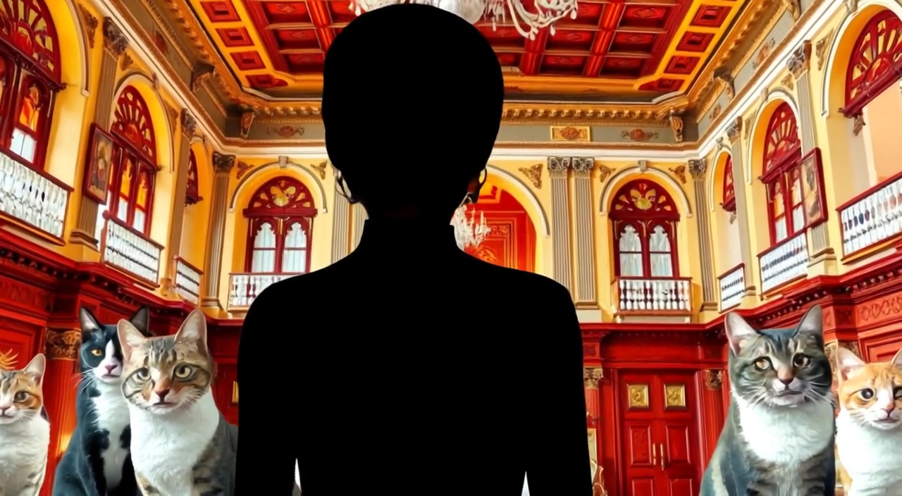 A silhouette of a woman gently walks through the ornate halls of the Ethiopian Presidential Palace.