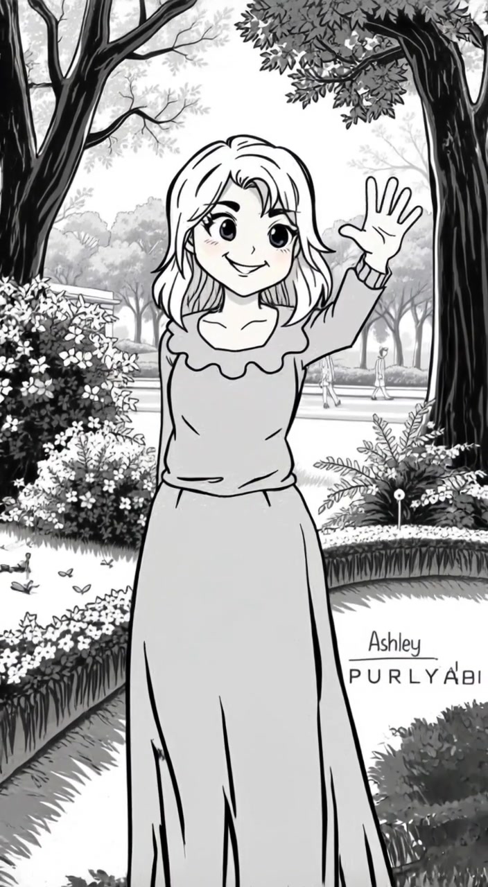 The woman gently waves to the camera, surrounded by trees and blooming flowers in a sunny park.