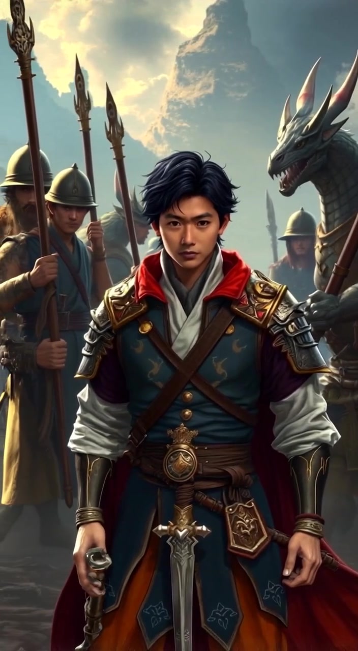 The man stands confidently, surveying the battlefield as powerful hunters move cautiously in the background.