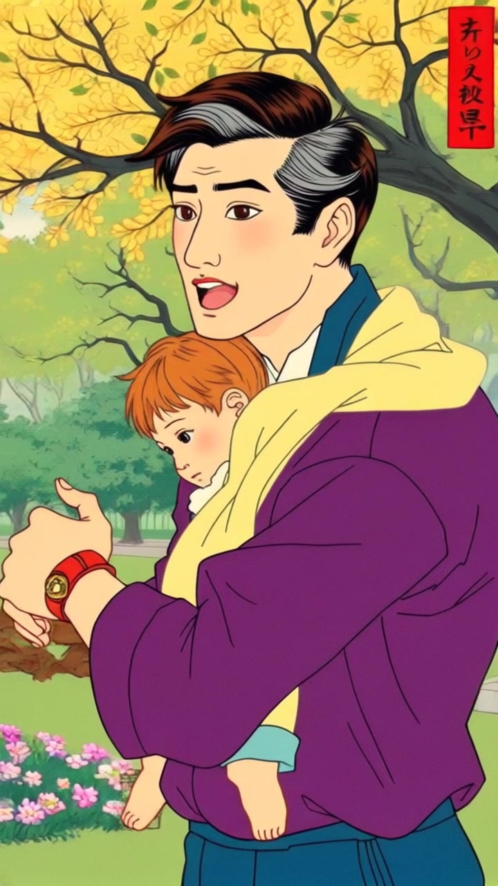Subject: A strong father figure lifting a child on his shoulders. Subject movement: The father strolls joyfully through a bright, verdant park, with the child gleefully laughing and reaching for the sky. Scene: A vibrant park setting filled with blooming flowers and tall trees swaying gently in the breeze. Style: Bathed in warm, golden sunlight that enhances the cheerful atmosphere. Motion: The camera follows closely from a low angle, capturing the delight on the child’s face as they both navigate the path, creating a sense of intimacy and joy.
