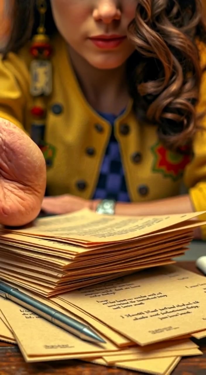 The woman gently hovers her hand over letters on a table, fingers hesitating as if contemplating a decision.