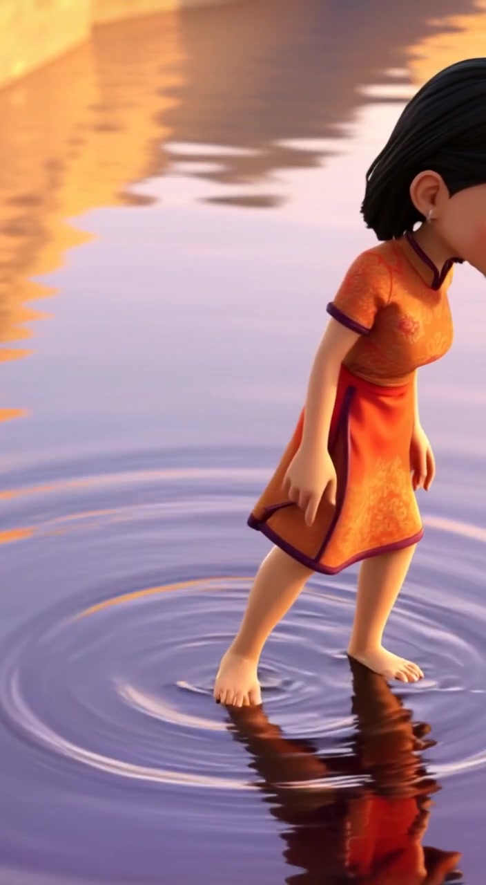 A woman gently steps into calm water, creating soft ripples that spread outwards around her feet.