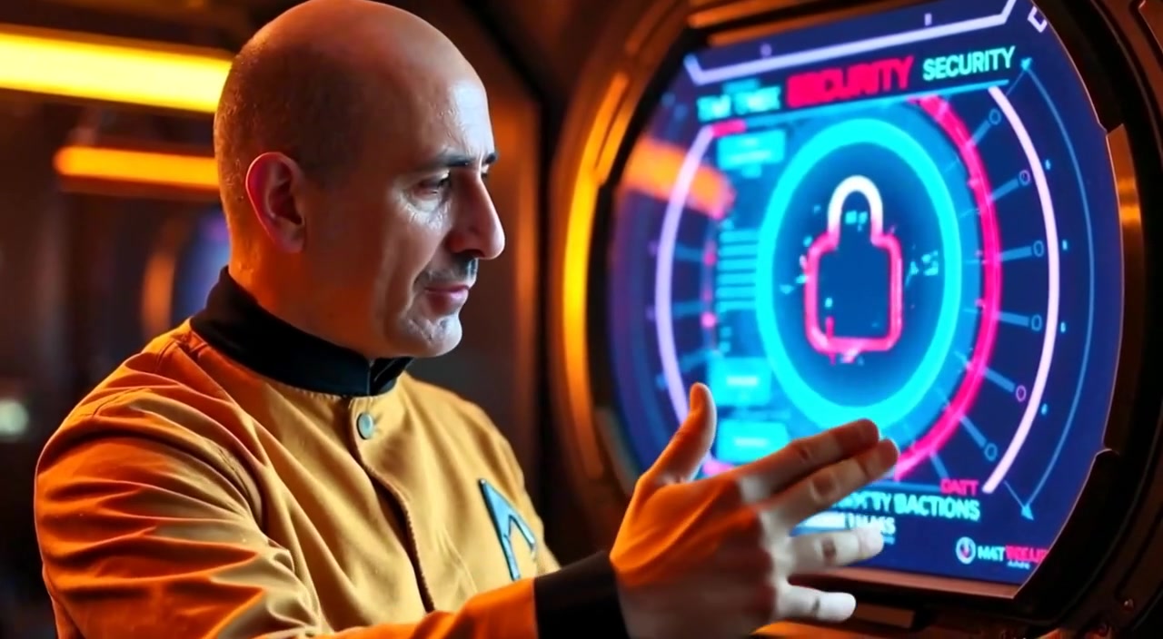 The man gestures towards a glowing screen, highlighting data anomalies as he discusses security vulnerabilities with intent.