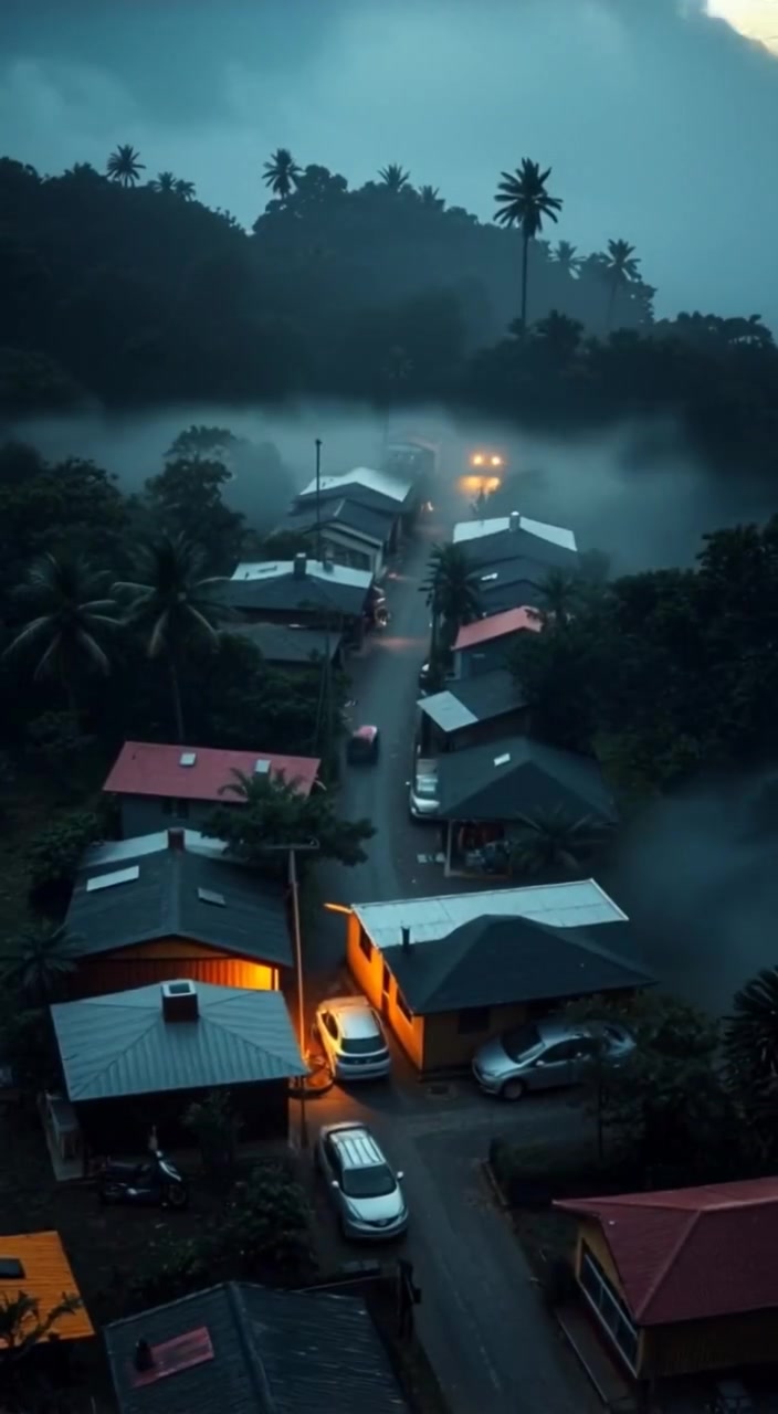 Mist gently rolls over the quaint houses of Trancoso, surrounded by dense woods, as the sun begins to rise.
