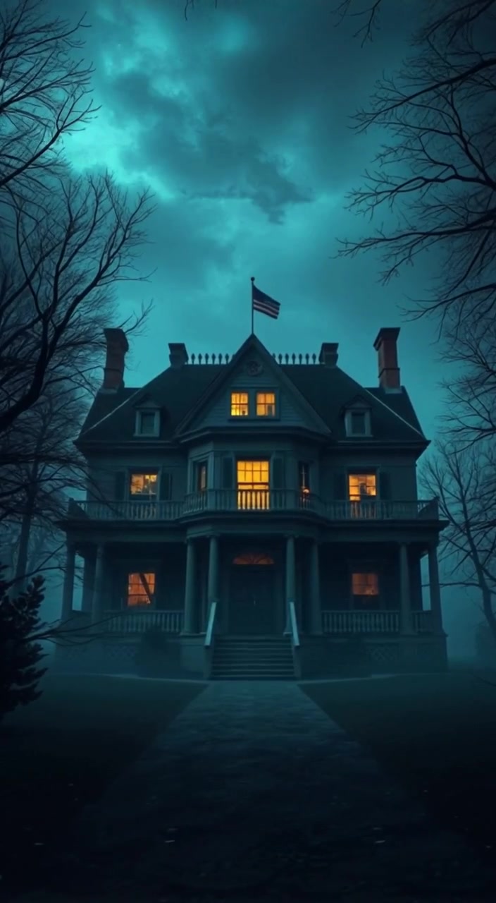 Mist gradually swirls around the old mansion, enhancing its eerie presence under the starlit night sky.