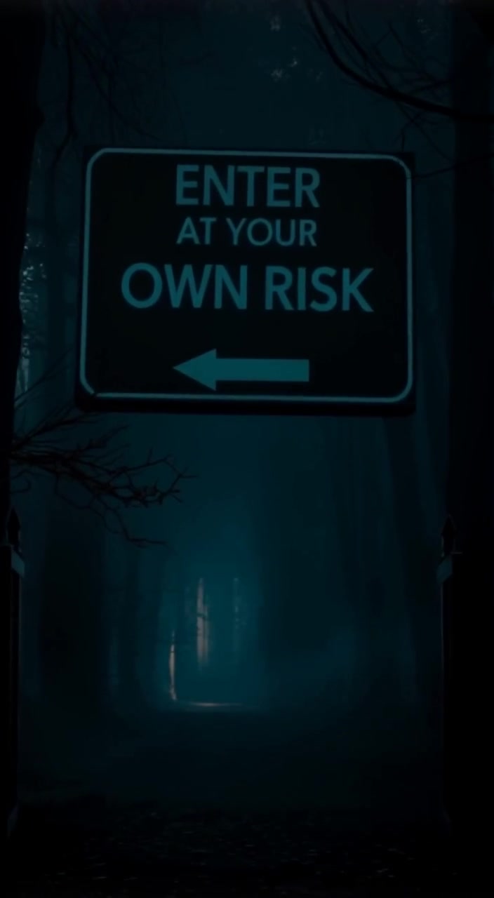 Fog gently swirls around the eerie forest entrance, as the warning sign sways lightly in the soft breeze.