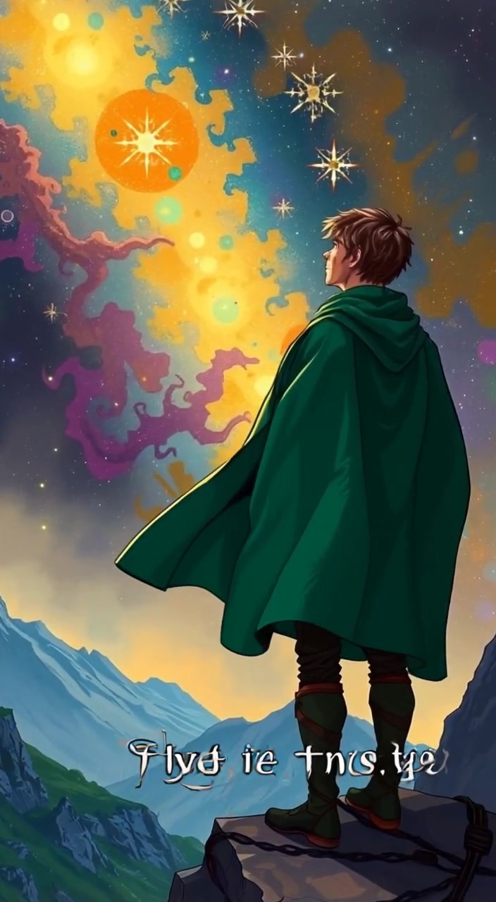 The figure gazes at the stars, the green cloak billowing gently in the cosmic wind.
