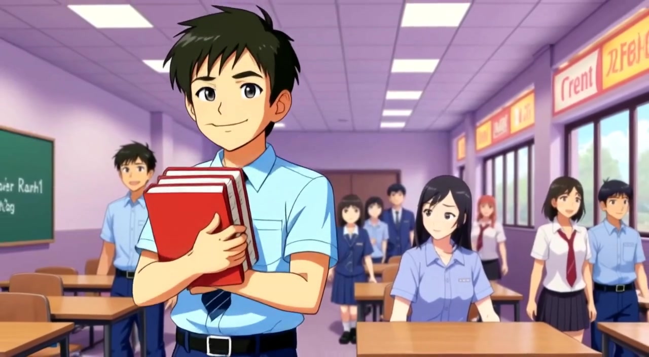 The man gently flips through new books, inhaling the fresh scent with a joyful smile in a classroom.