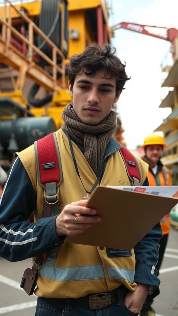Subject: The Protagonist standing still with a clipboard, observing the workers at the waste management facility. Scene: A busy waste management facility with workers sorting materials amidst large industrial machinery and piles of recyclables. Style: Bright, clear daylight providing high visibility of the operations, and an industrious atmosphere. Motion: Camera smoothly pans across the facility, capturing the hustle and bustle of the workers in action, before returning to focus on the Protagonist as they take notes.