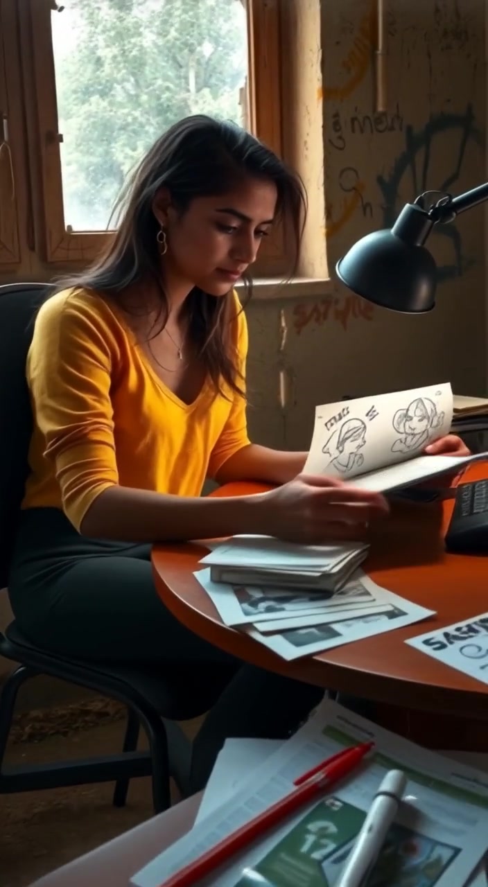 The woman gently flips through her dream illustrations, concentrating, while the lamp softly illuminates her cluttered desk.