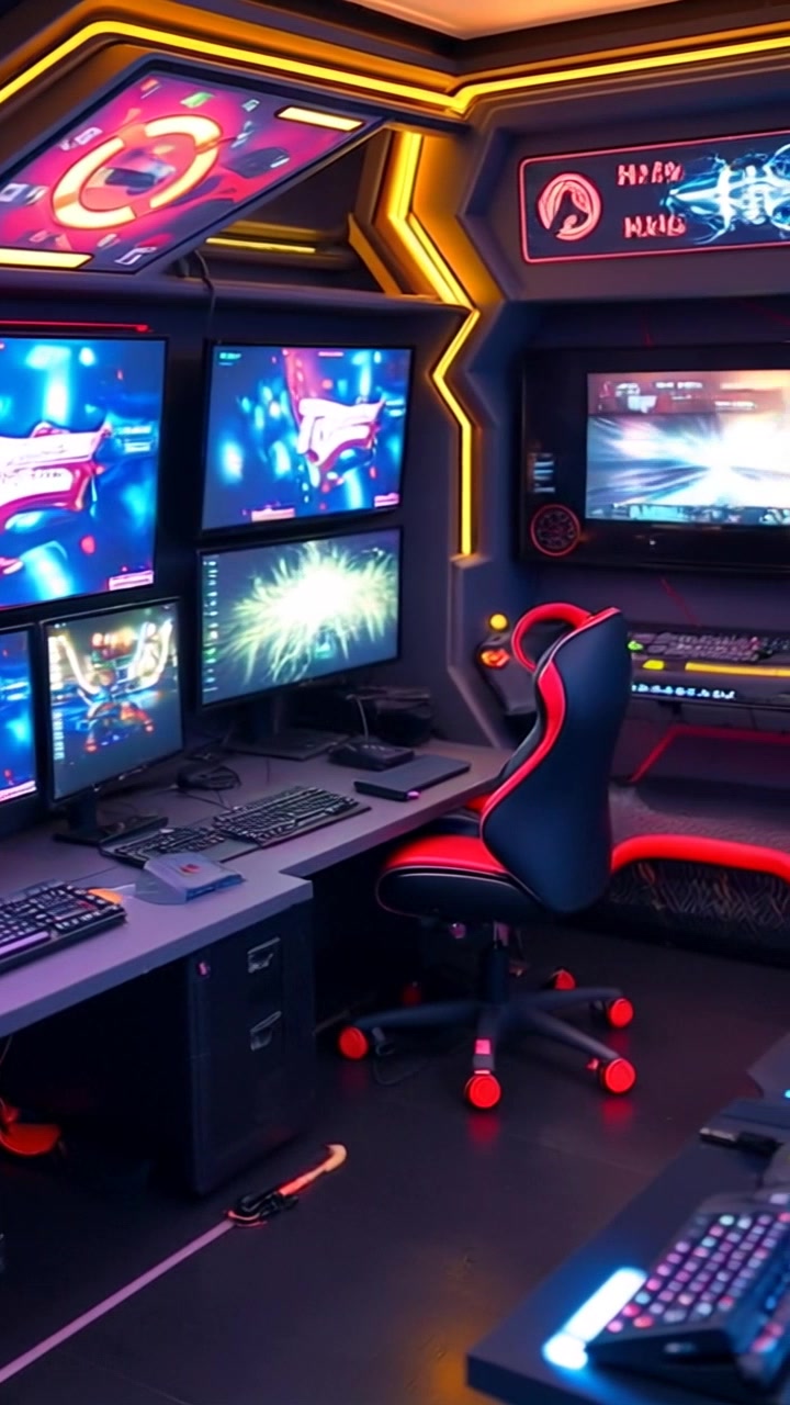 Scene: A futuristic gaming setup brimming with vibrant screens showcasing dynamic graphics and an array of advanced gaming equipment. Style: Neon lighting with pulsating hues creating an energetic and immersive atmosphere. Motion: The camera sweeps in smoothly from above, swirling around the setup as the screens flash and respond, highlighting the intricate details of the equipment and the excitement of the virtual world.