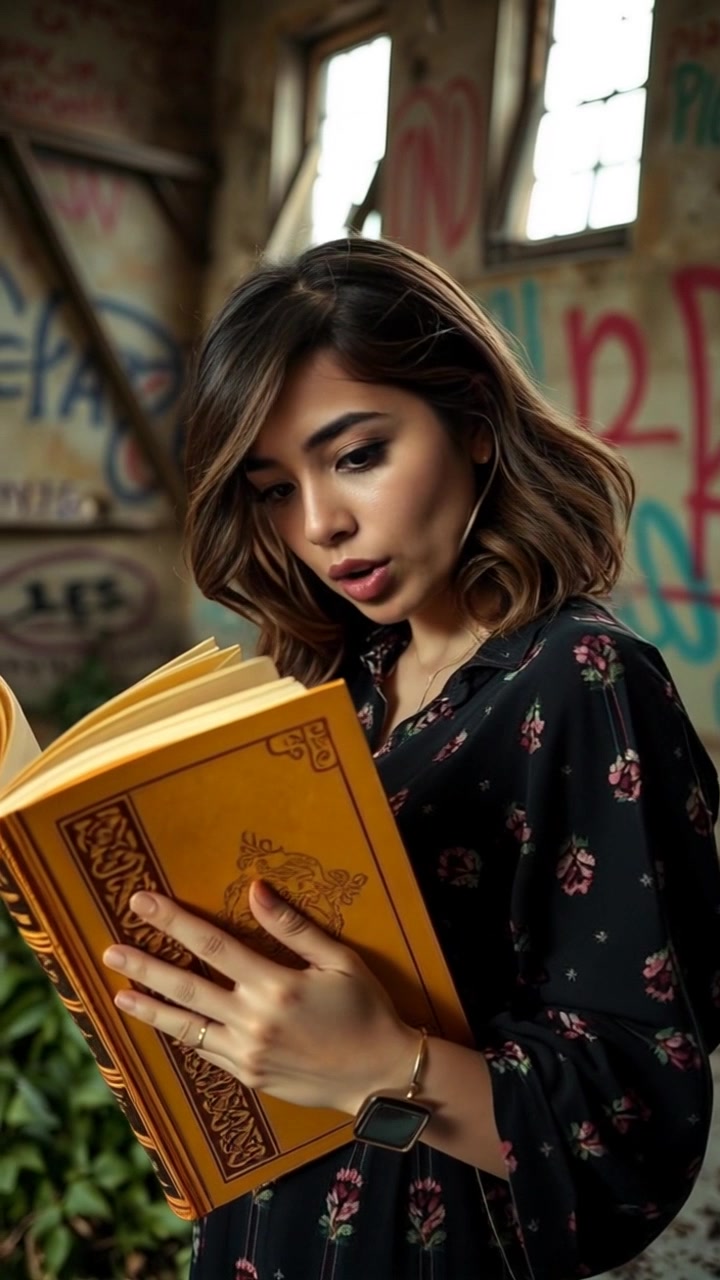 Subject: A young woman named Noura. Subject movement: Noura leans closer to a golden book, whispering softly as she glances around cautiously. Scene: A dimly lit, mysterious library filled with towering shelves and various ancient artifacts. Style: Ambient lighting accentuates the golden hues of the book, creating a warm yet suspenseful atmosphere. Motion: The camera slowly pushes in on Noura's face, highlighting her expressions of curiosity and caution, then transitions to a close-up of the golden book as her fingers lightly brush its surface.