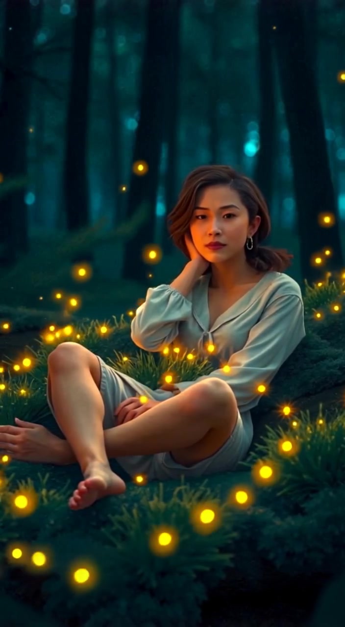 The woman stirs awake on soft moss as fireflies gently blink in the dark forest at dawn.