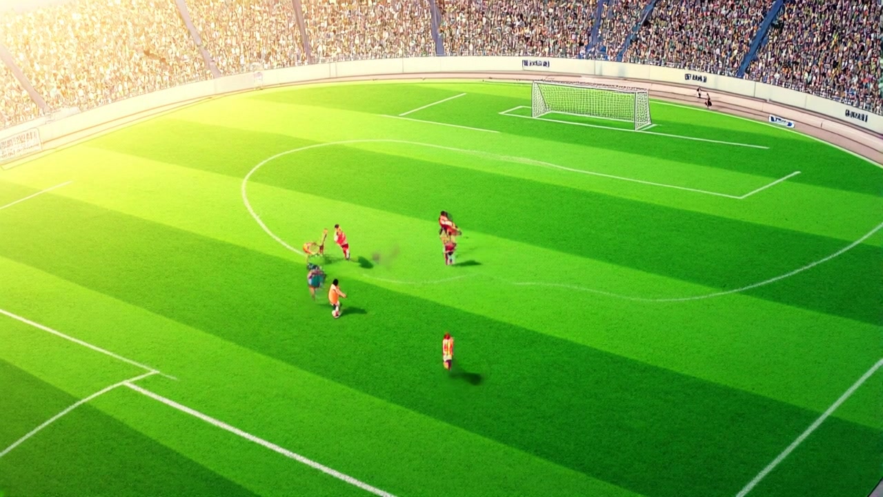 Scene: An exhilarating aerial view of a soccer field where a player in a bright uniform is scoring a goal, with teammates rushing in from all directions to celebrate. Style: Vibrant green grass contrasting with colorful team jerseys under warm, afternoon sunlight. Motion: The camera begins high above the field before smoothly descending, capturing the joyous celebration as players erupt in excitement around the goal.