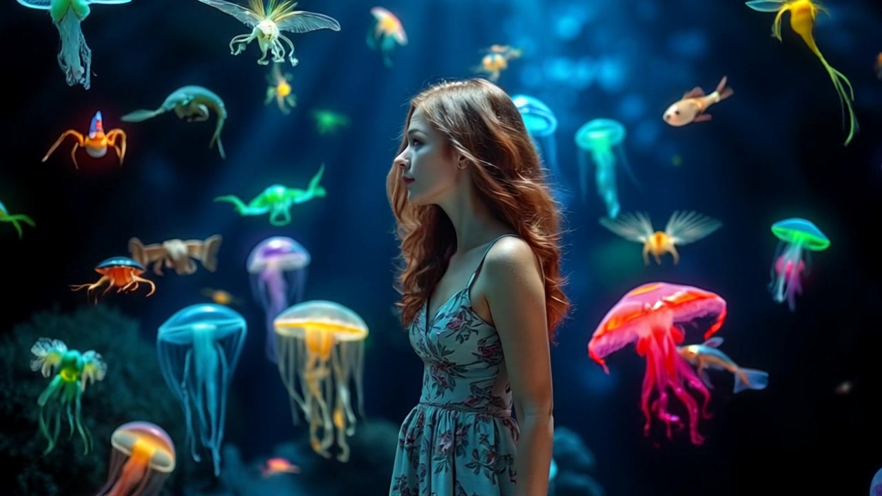 Subject: Aria, a young woman with flowing hair and a look of wonder, surrounded by enchanted creatures in a lush clearing. Subject movement: Aria stands in awe, taking in the magical scene around her. Scene: A vibrant, mystical forest clearing filled with fantastical creatures like fairies, unicorns, and glowing plants. Camera language: Slowly track around Aria to capture her expression of astonishment and wonder, then pan out to reveal the fantastical creatures surrounding her. Lighting: Soft, ethereal light filtering through the canopy of the lush forest, creating a magical glow. Atmosphere: Enchanted, mystical, whimsical.