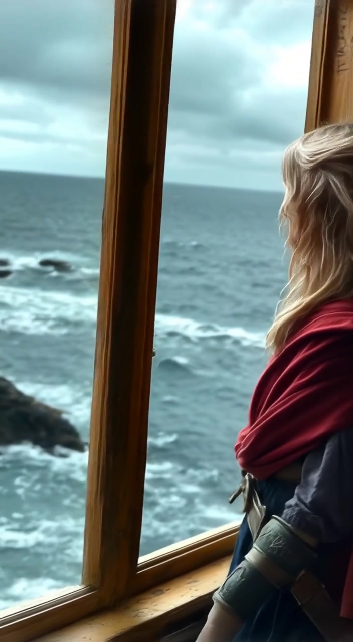 The woman peers out the window as stormy winds shake the lighthouse, waves crashing violently against the rocky shore.