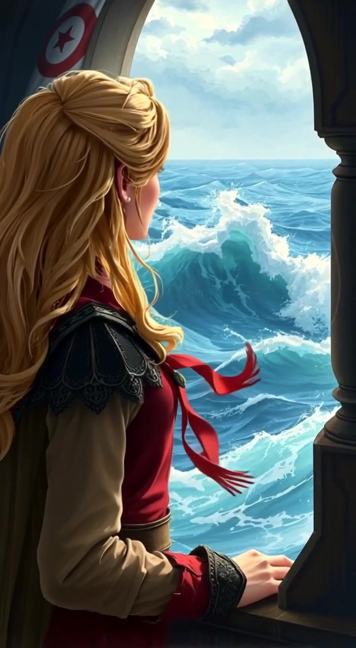 The woman gazes out the window as waves crash violently against the shore, water spraying into the air.