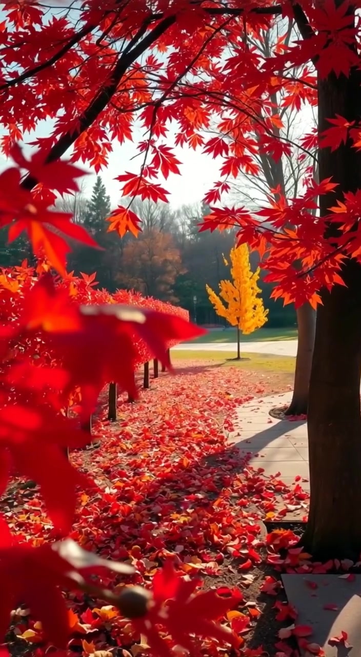 A gentle breeze causes autumn leaves to swirl and flutter down from the trees in a serene park setting.