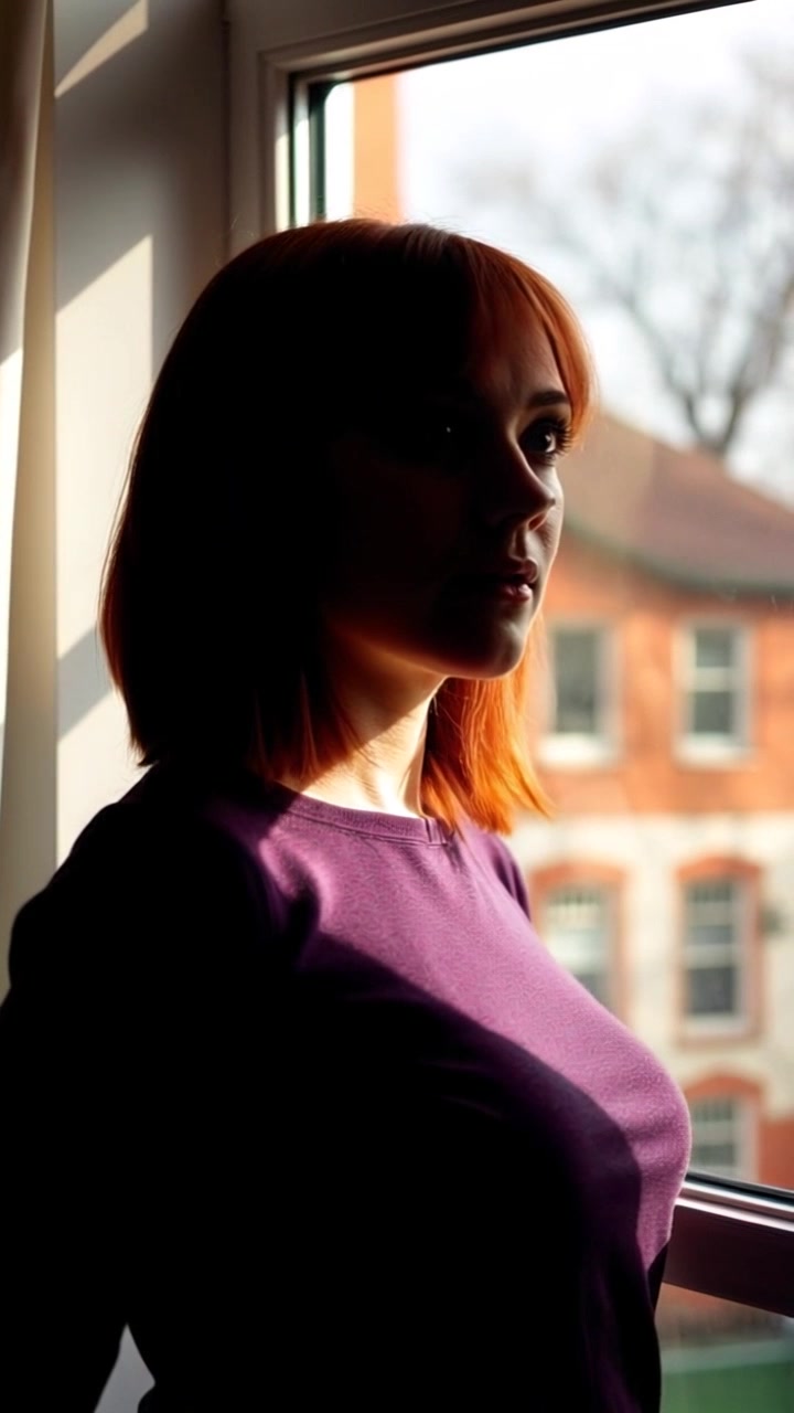 Subject: A person standing by the window. Subject movement: The person gazes determinedly outside, an aura of readiness enveloping them. Scene: An intimate, well-lit room with sunlight streaming through the window, illuminating the surrounding decor. Style: Morning light creates a warm, inviting atmosphere within the space. Motion: The camera gently pushes in towards the person, capturing their focused expression, while soft rays of light dance across their face, showcasing the transition to a new day.