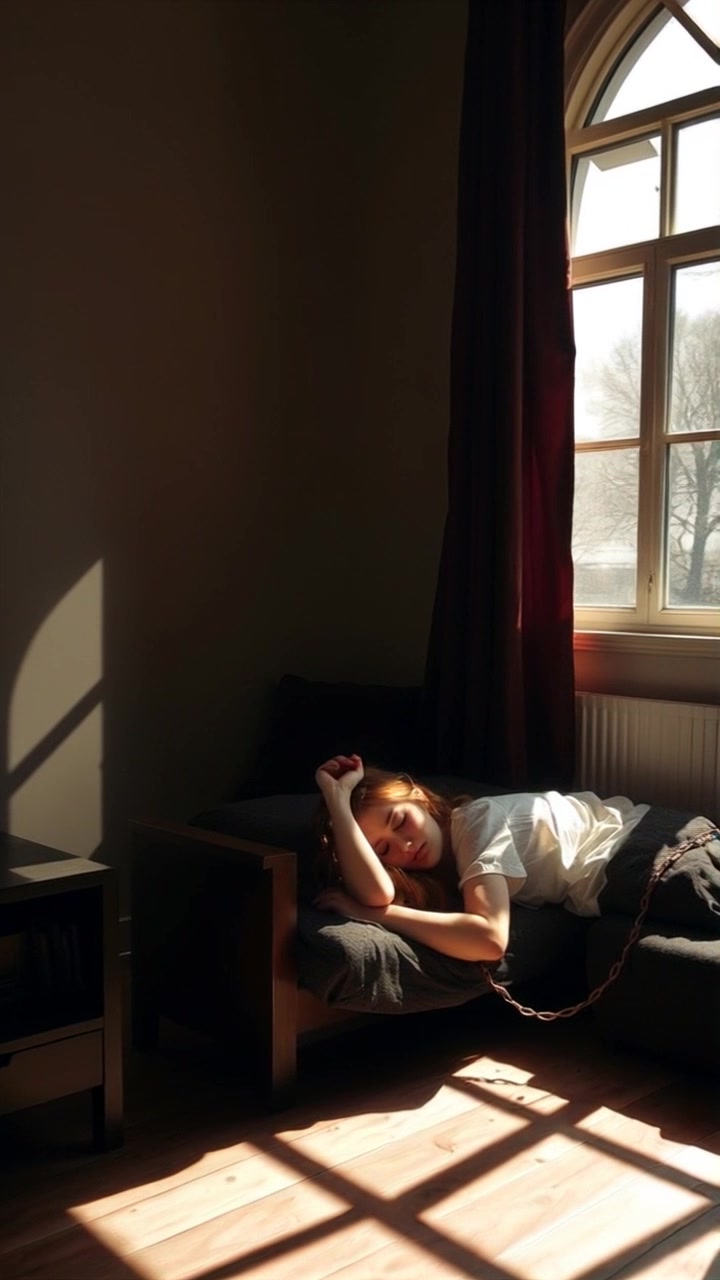 Scene: An open, sunlit bedroom where a woman sleeps peacefully on her bed, surrounded by soft linens and gentle decor. Style: Morning light filtering through the window, creating a warm and serene ambiance. Motion: The camera slowly pushes in, focusing on the woman's tranquil face, while the soft rustling of sheets adds a gentle auditory backdrop.