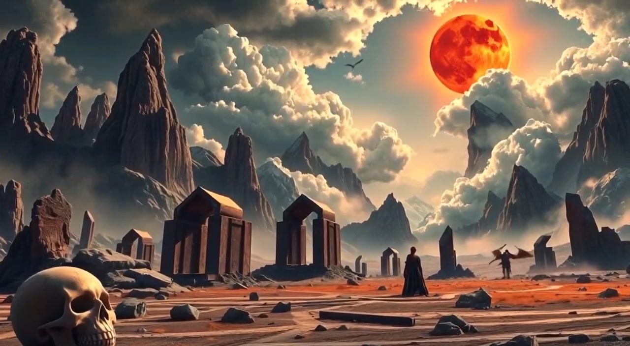 Wind gently sweeps across the barren landscape, swirling dust around the colossal stone remains of fallen gods.