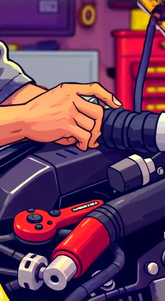 The mechanic gently turns a wrench, concentrating on the engine as scattered tools reflect the warm garage light.