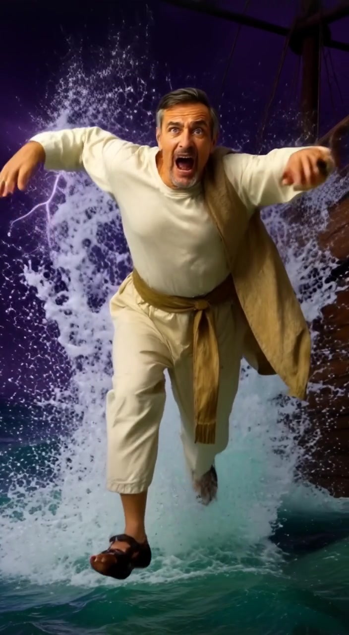 The man splashes into turbulent water as waves crash around him, creating ripples that radiate outward.