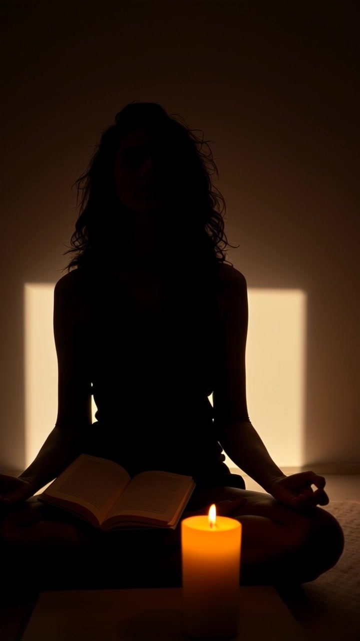 Scene: A serene indoor room adorned with flickering candles and a notebook resting on a soft surface, providing a tranquil atmosphere. Lighting: Soft, ambient light from the candles casts gentle shadows and creates a warm glow. Motion: The camera slowly pans around the meditating woman, focusing on her peaceful expression, as the flames dance subtly in the background, enhancing the atmosphere of calm and introspection.
