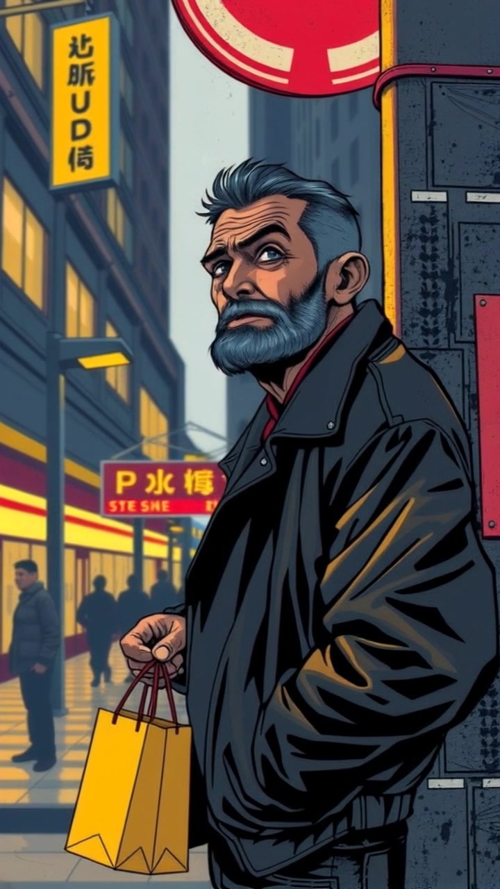 Budi standing at a street corner, looking excited, with a shopping bag in hand.